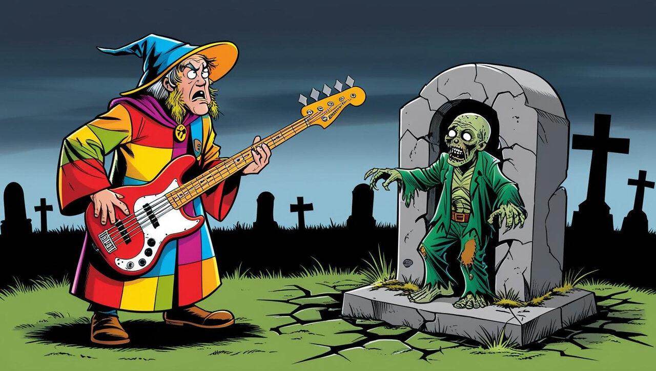 confused wizard with bassguitar summoning a zombie from grave comic.jpg